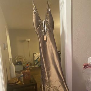 Army green formal dress with silver embellishments
